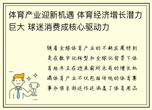 体育产业迎新机遇 体育经济增长潜力巨大 球迷消费成核心驱动力