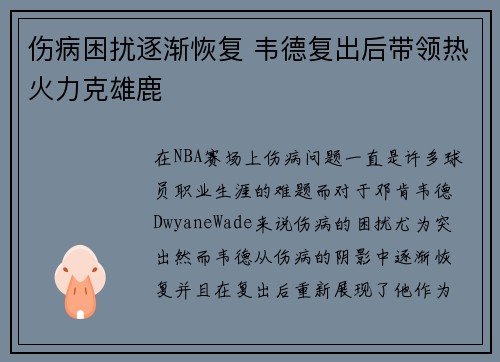伤病困扰逐渐恢复 韦德复出后带领热火力克雄鹿